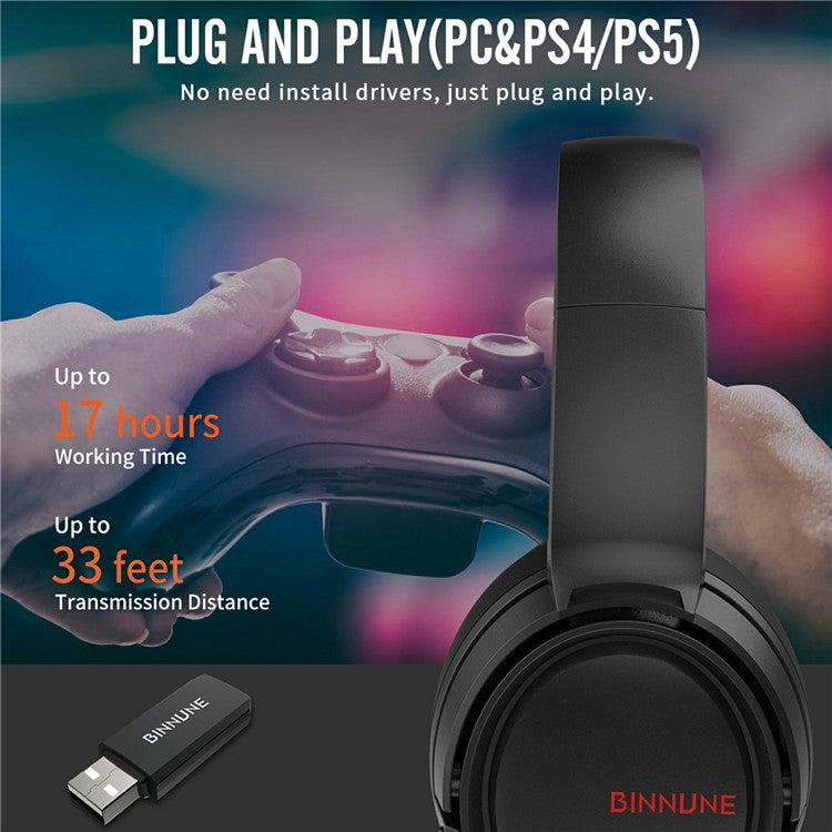 BINNUNE 2.4G + Bluetooth-compatible Gaming Headset Over-Ear Stereo Headphones with 3.5mm Jack