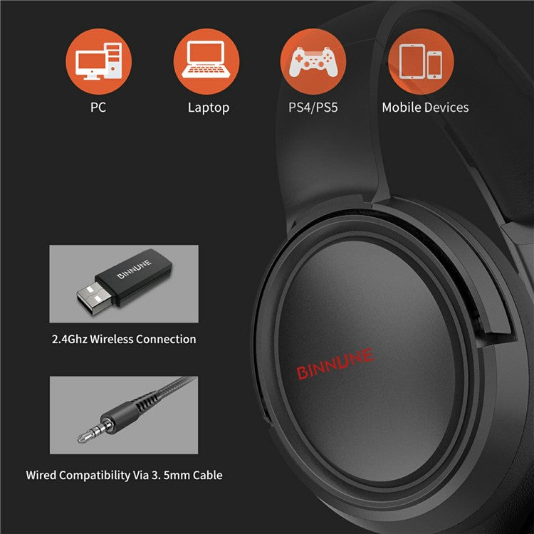 BINNUNE 2.4G + Bluetooth-compatible Gaming Headset Over-Ear Stereo Headphones with 3.5mm Jack